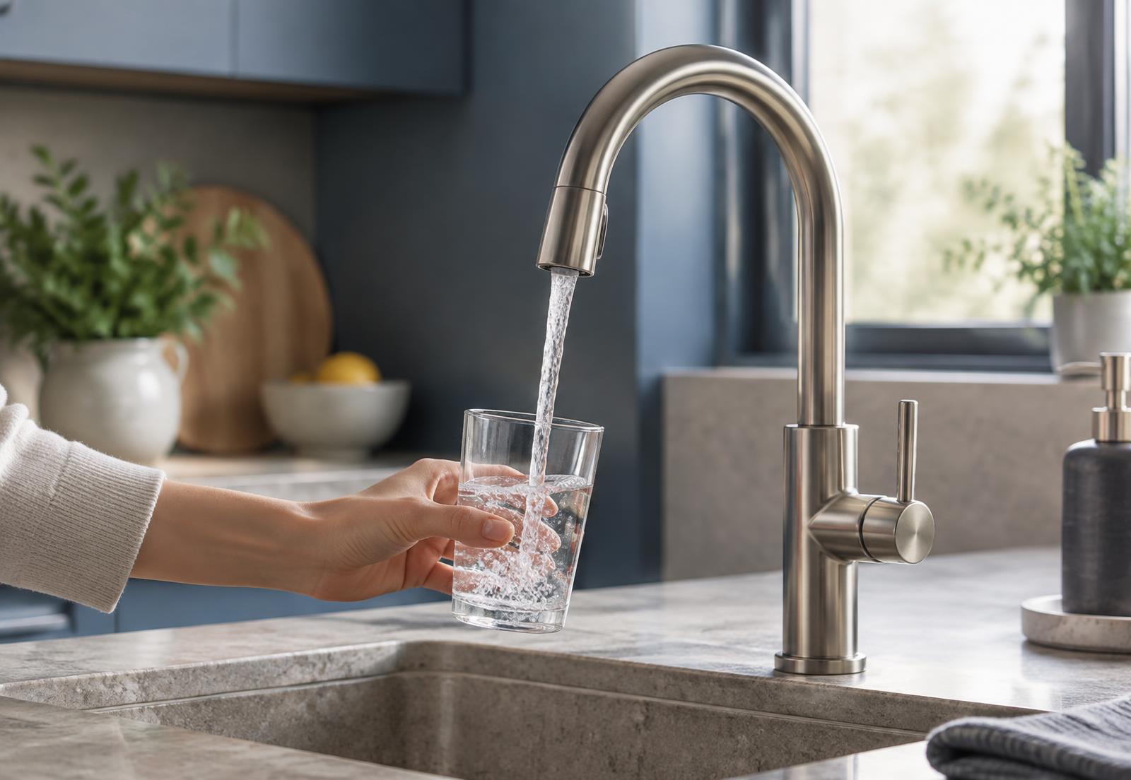 Clear water filling a glass at a modern kitchen faucet