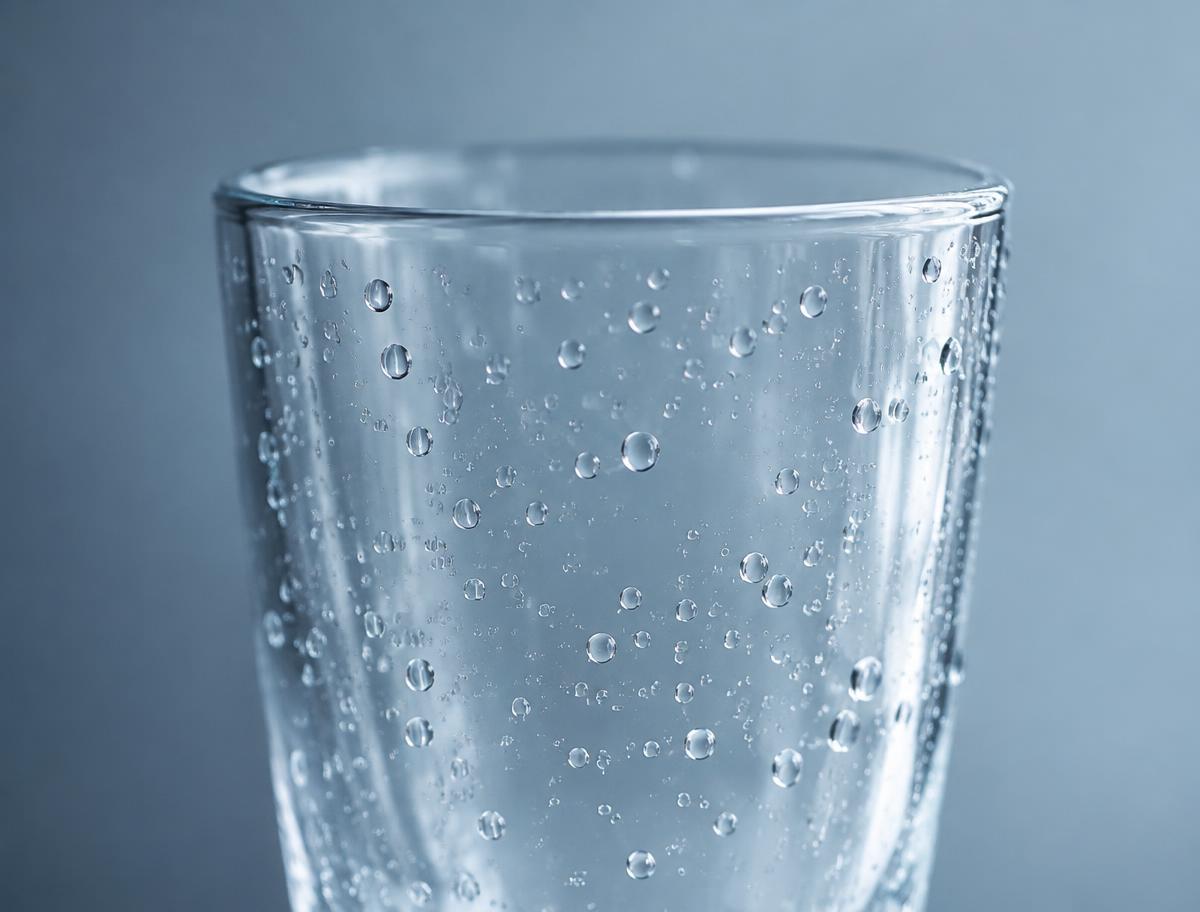 Water beading on a spotless drinking glass
